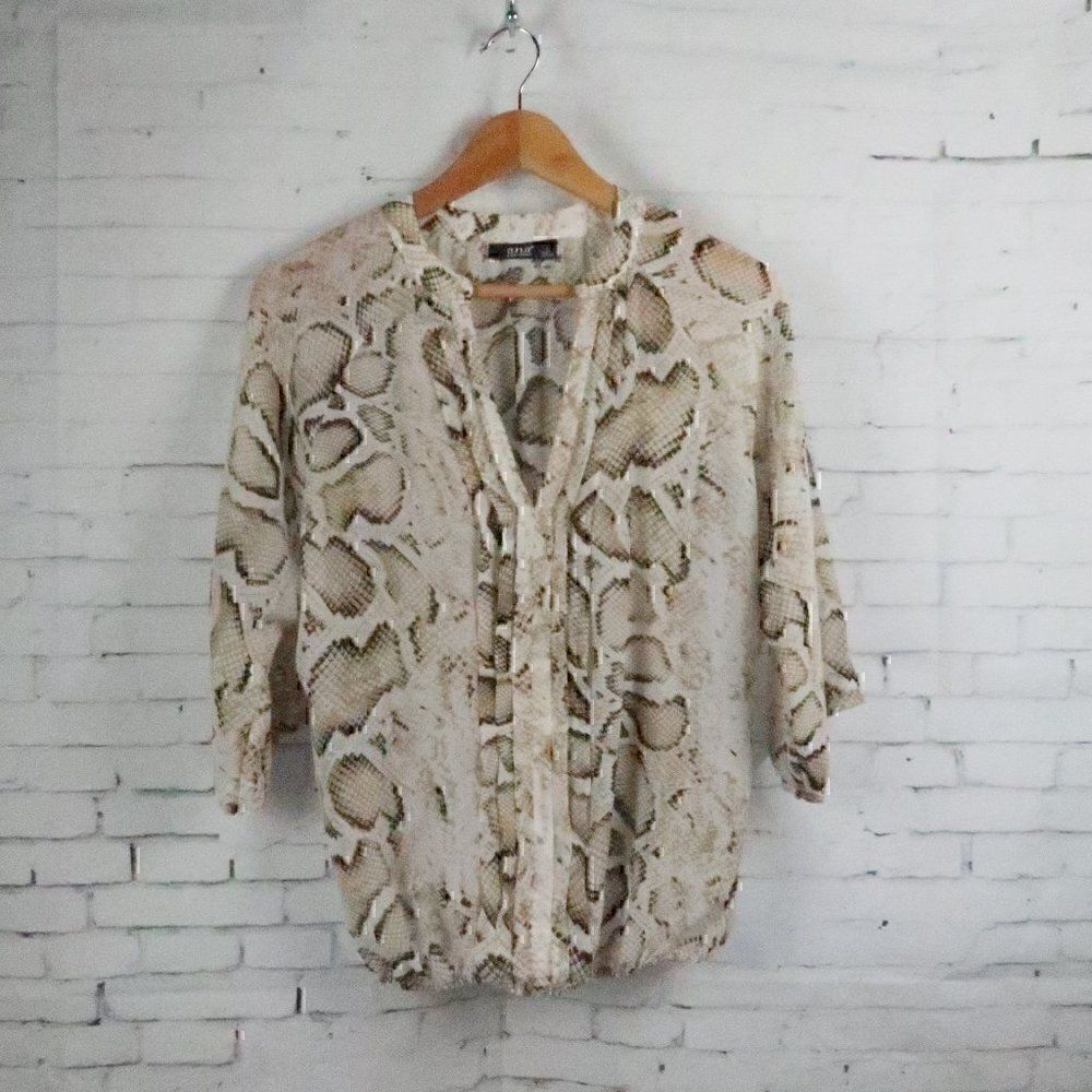 A.N.A TAN & BLACK SNAKESKIN PRINT V NECK 3/4 SLEEVE SEMI SHEER TOP SIZE SMALL